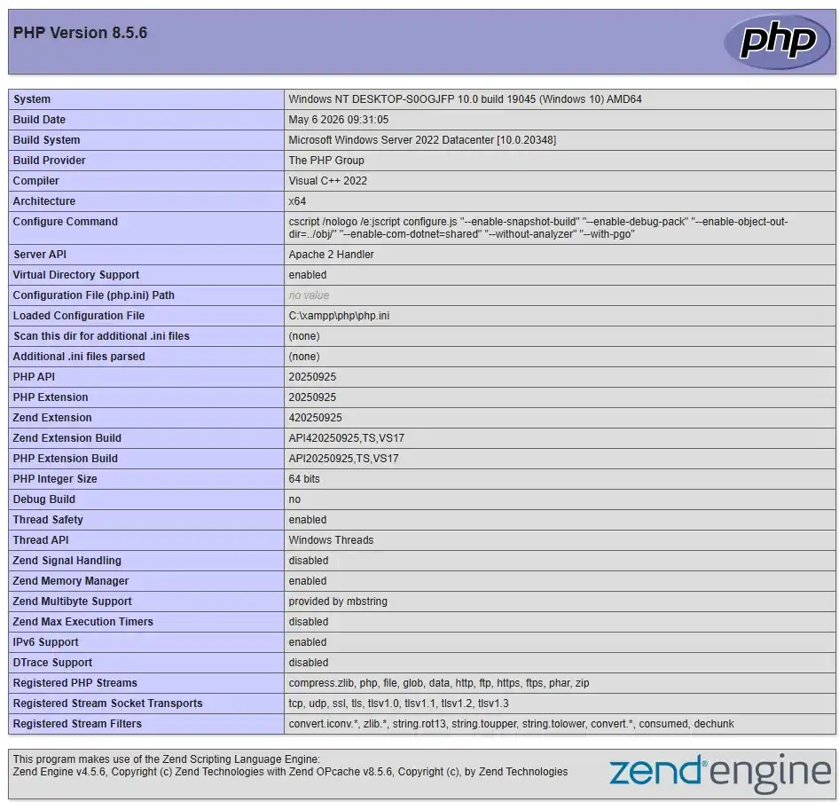 phpinfo output in browser showing current PHP version before upgrading XAMPP