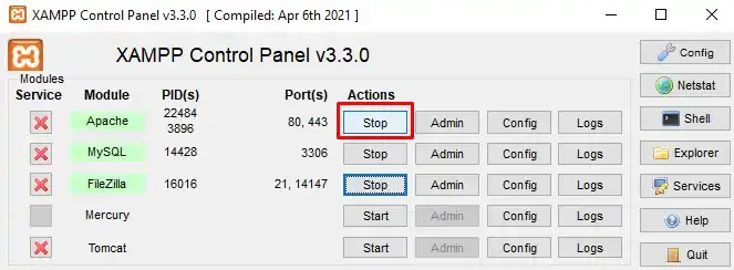 XAMPP Control Panel stopping the Apache module before a PHP upgrade