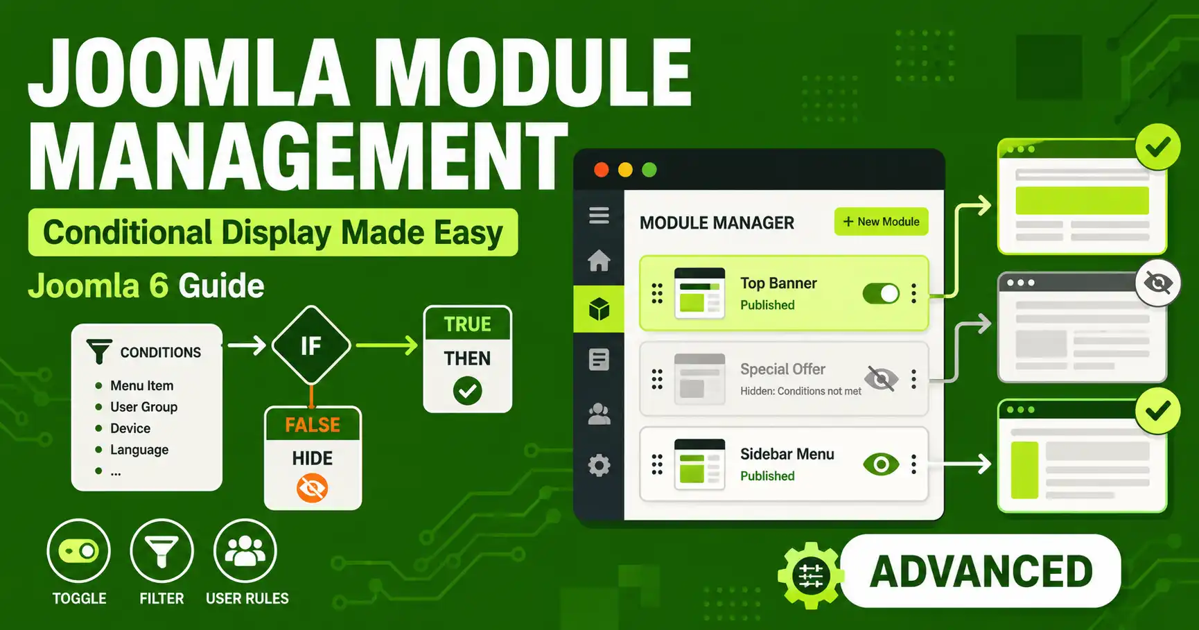Joomla 6 module Menu Assignment tab with Advanced Module Manager conditional display options open