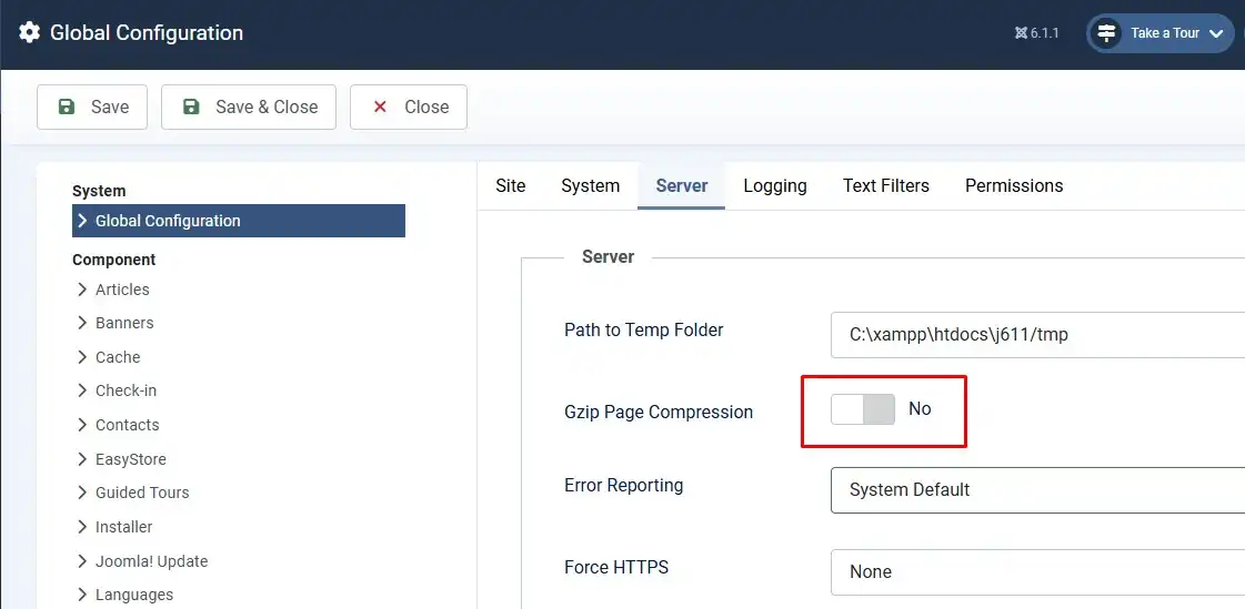 Joomla Global Configuration Server tab with Gzip Page Compression enabled
