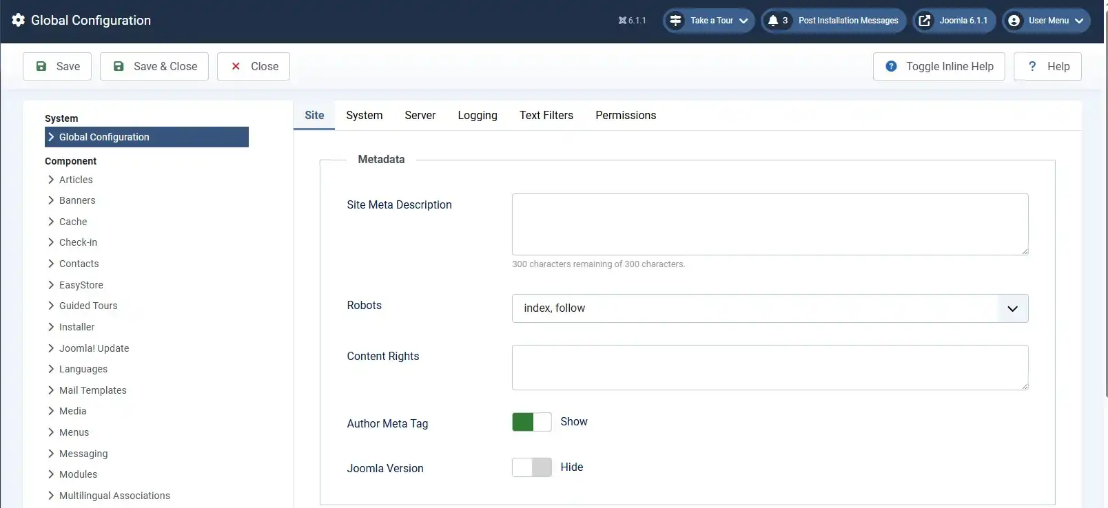 Joomla Global Configuration Site tab showing Metadata Settings