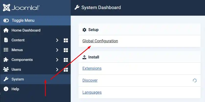 Joomla administrator dashboard with System menu open showing Global Configuration link