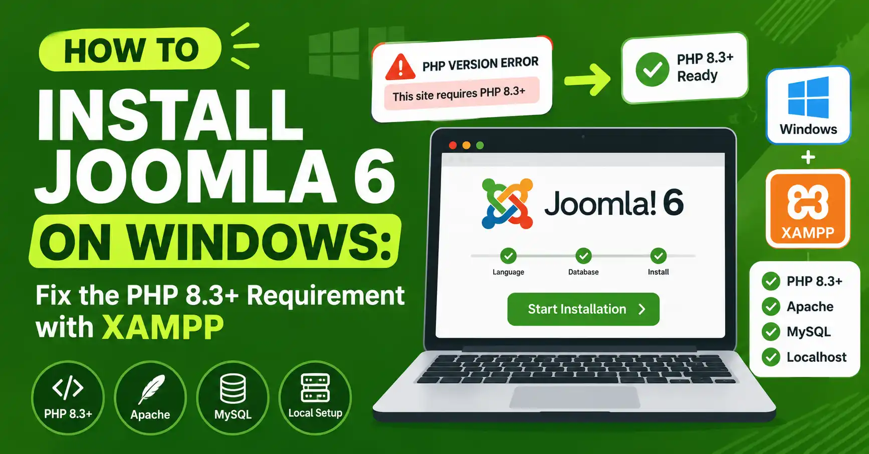 XAMPP control panel with Apache and MySQL running, next to the Joomla 6 setup wizard on Windows