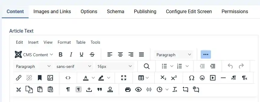 Joomla 6 article editor showing the TinyMCE 8 toolbar and formatting options