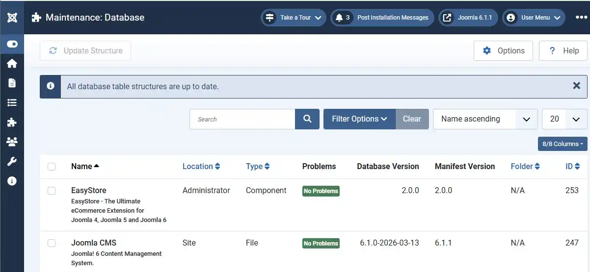 Joomla database maintenance screen with Optimize Database option highlighted