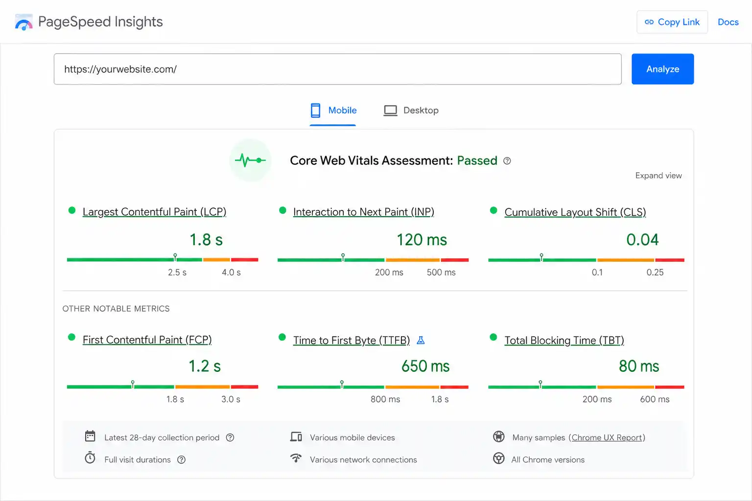 PageSpeed Insights Core Web Vitals report showing LCP, INP, and CLS scores