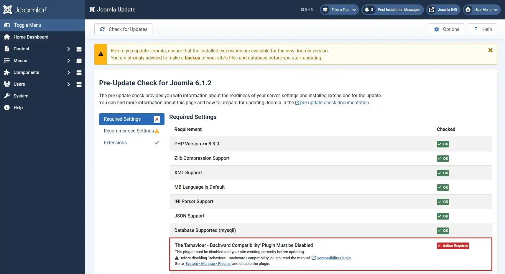 Required Settings - Pre-Update Check for Joomla 6