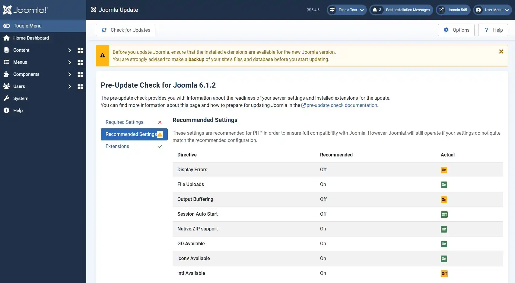 Recommended Settings - Pre-Update Check for Joomla 6
