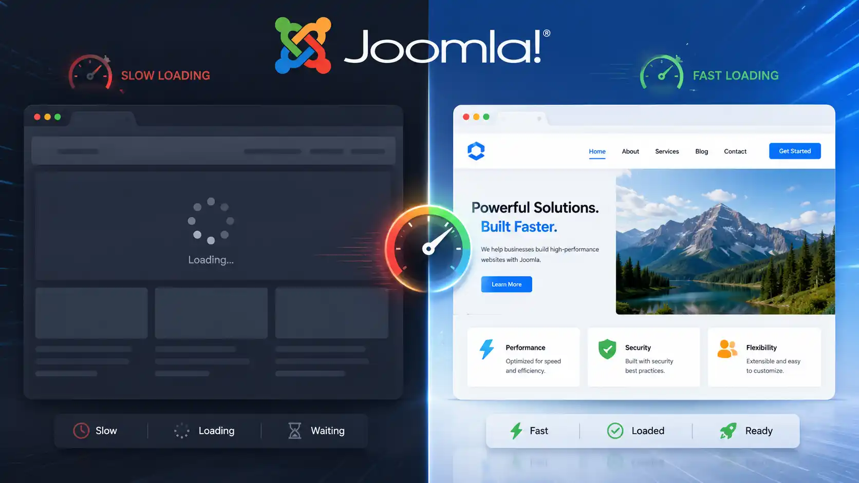 Side-by-side comparison of a slow-loading and a fast-loading Joomla website