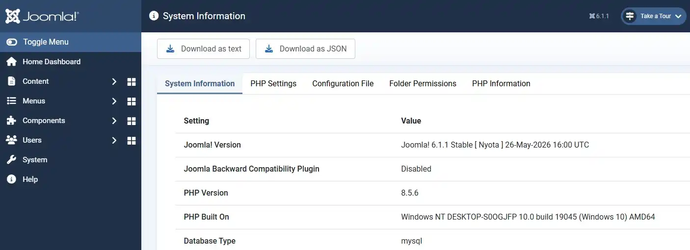 Joomla System Information page showing active PHP version under System tab