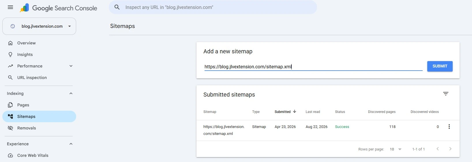 Google Search Console Sitemaps page with Joomla XML sitemap URL ready to submit
