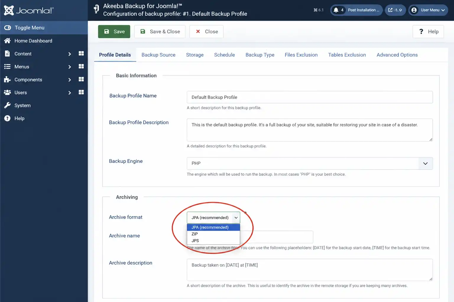 Akeeba Backup profile settings showing ZIP, JPA, and JPS archive format options