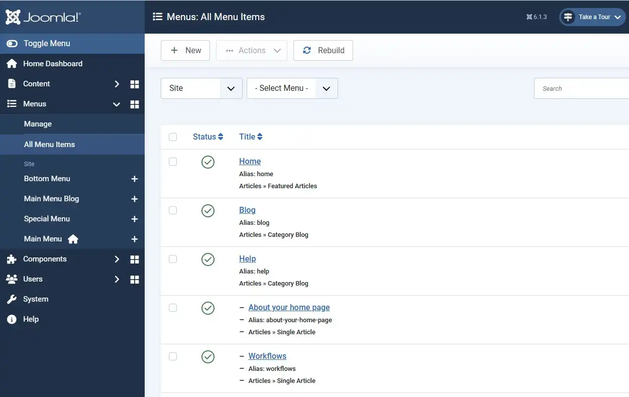 Joomla 6 Menu Manager listing multiple menus with item counts and assigned modules