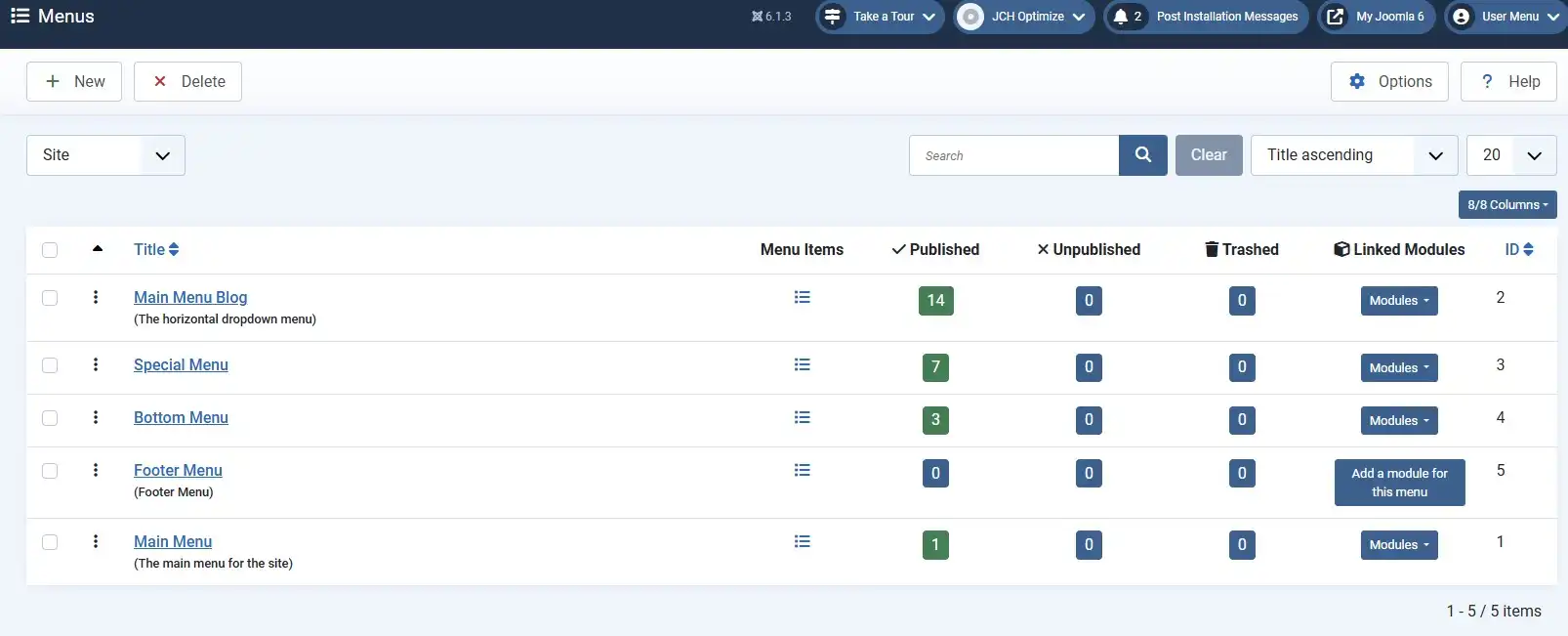 Joomla 6 All Menus screen listing Main Menu and Footer Menu with their assigned modules