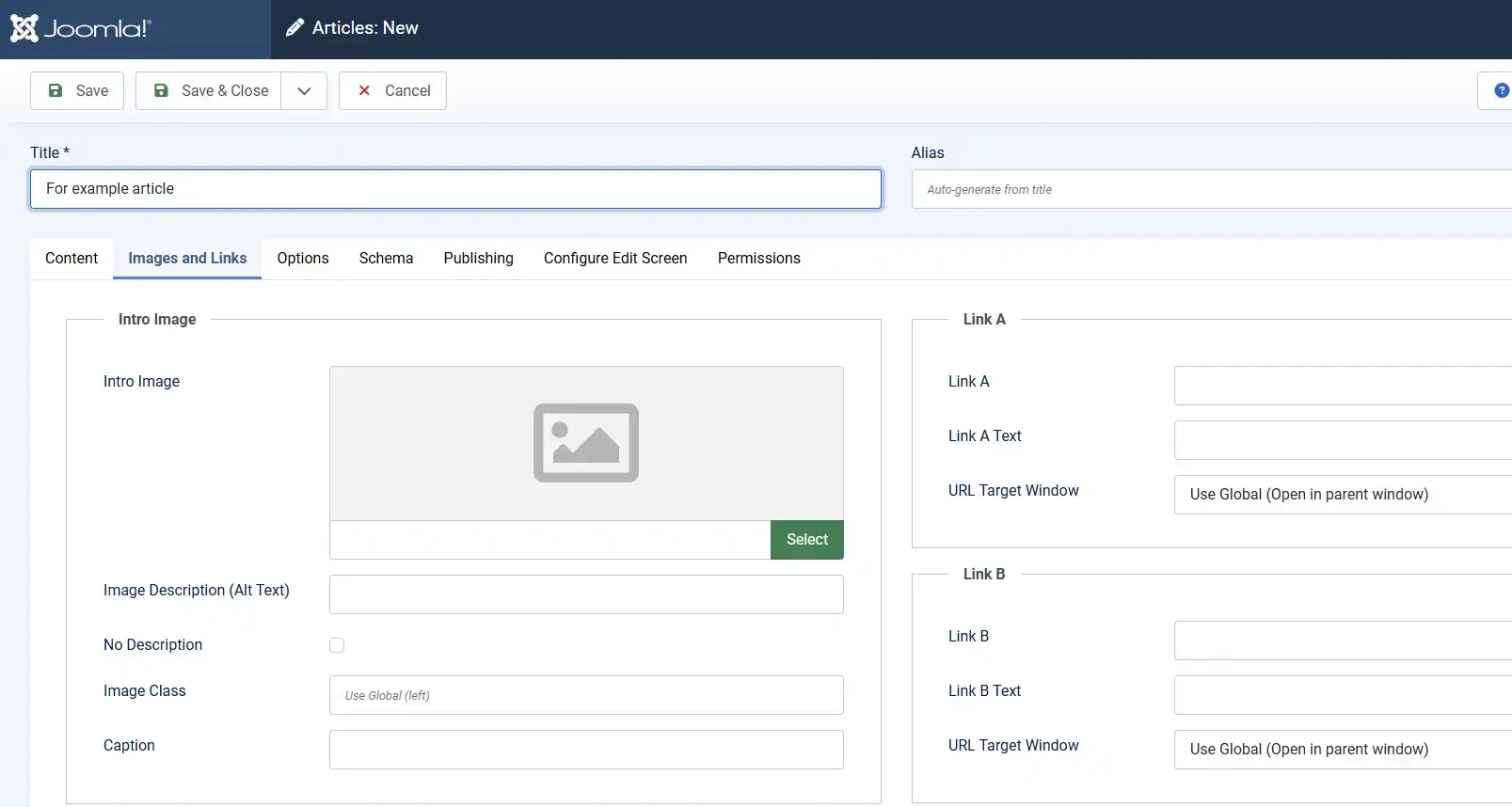 Joomla 6 article Images and Links tab with Intro Image and Full Article Image fields