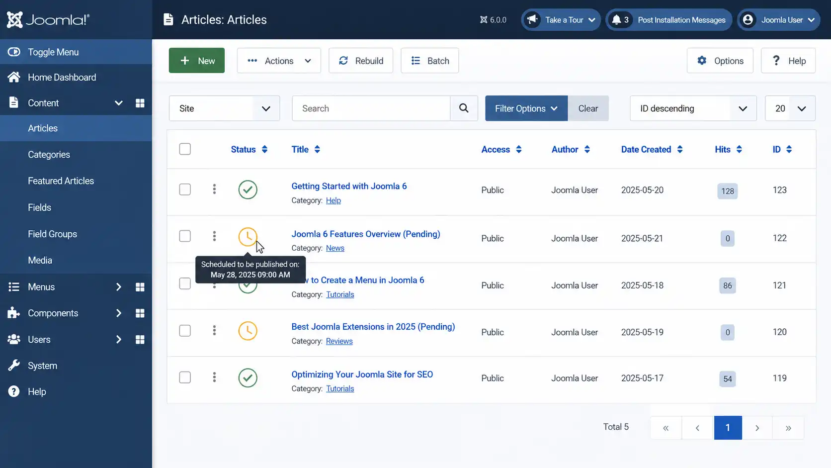 Joomla 6 Article Manager showing tooltip with scheduled publish date on a pending article
