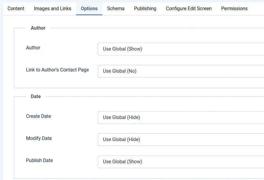 Joomla 6 global Article Options tab showing Show Author and Show Date toggles