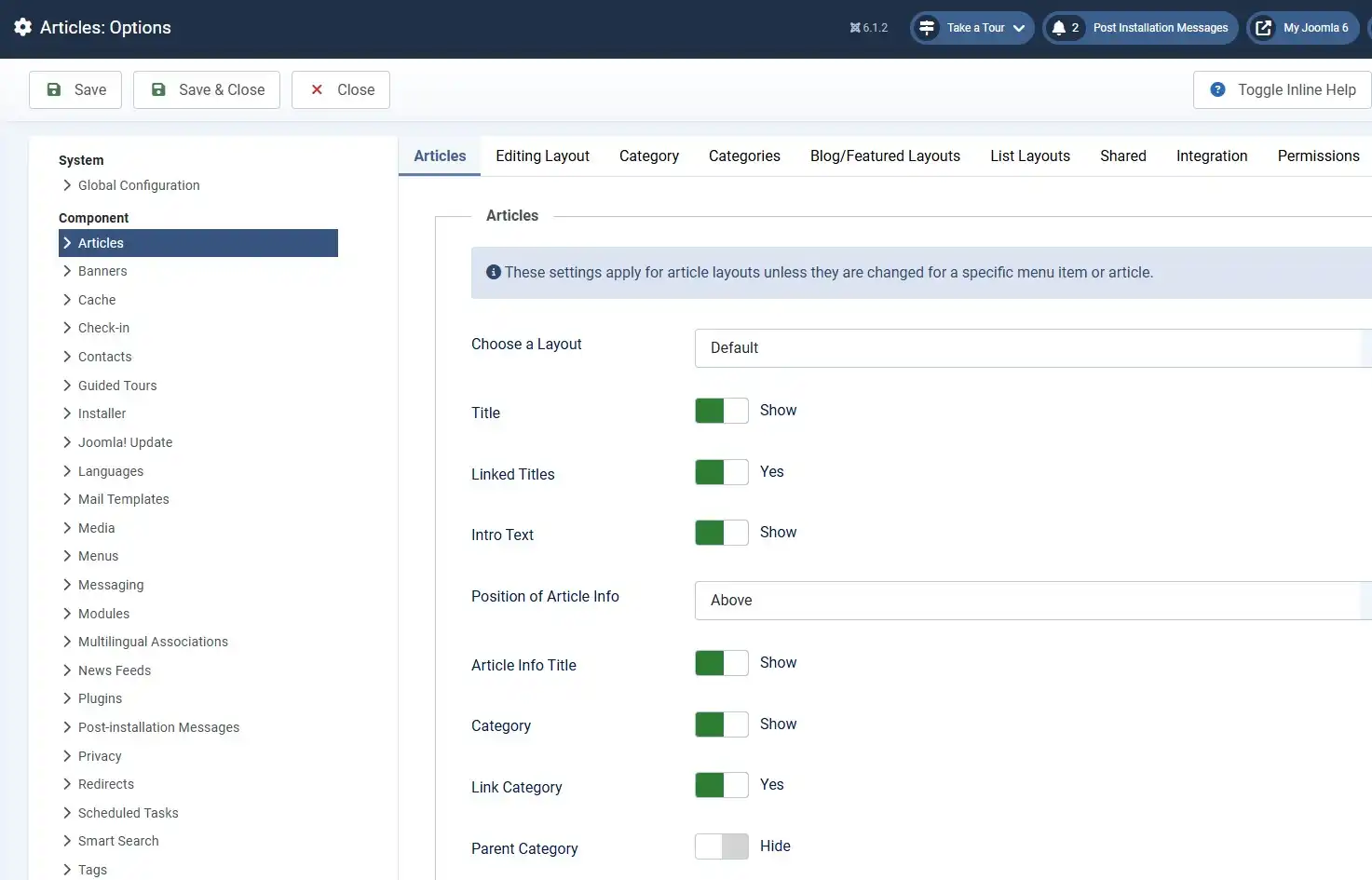Joomla 6 Article Options panel in the administrator backend