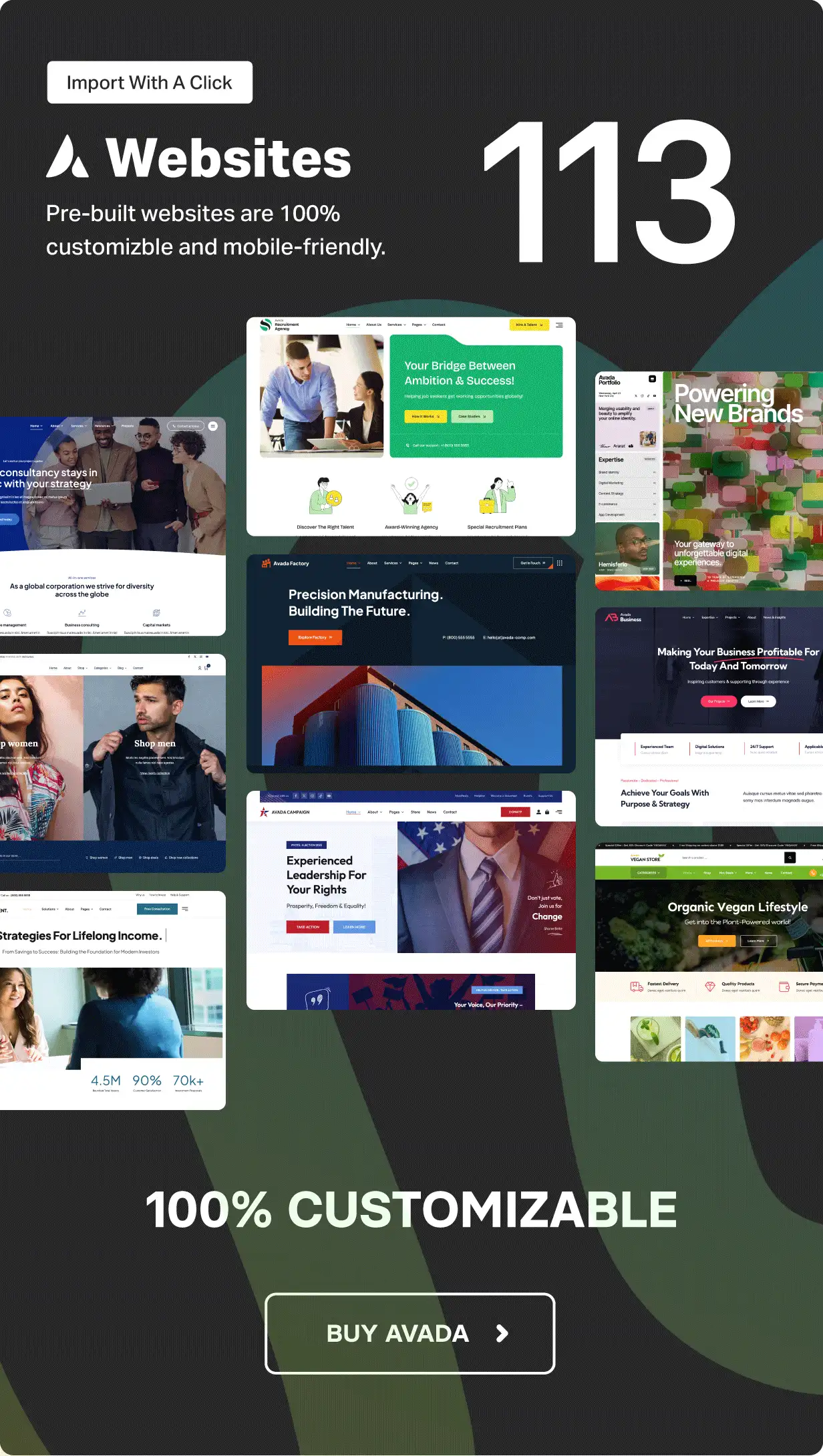 Avada WordPress theme homepage demo shown in browser preview