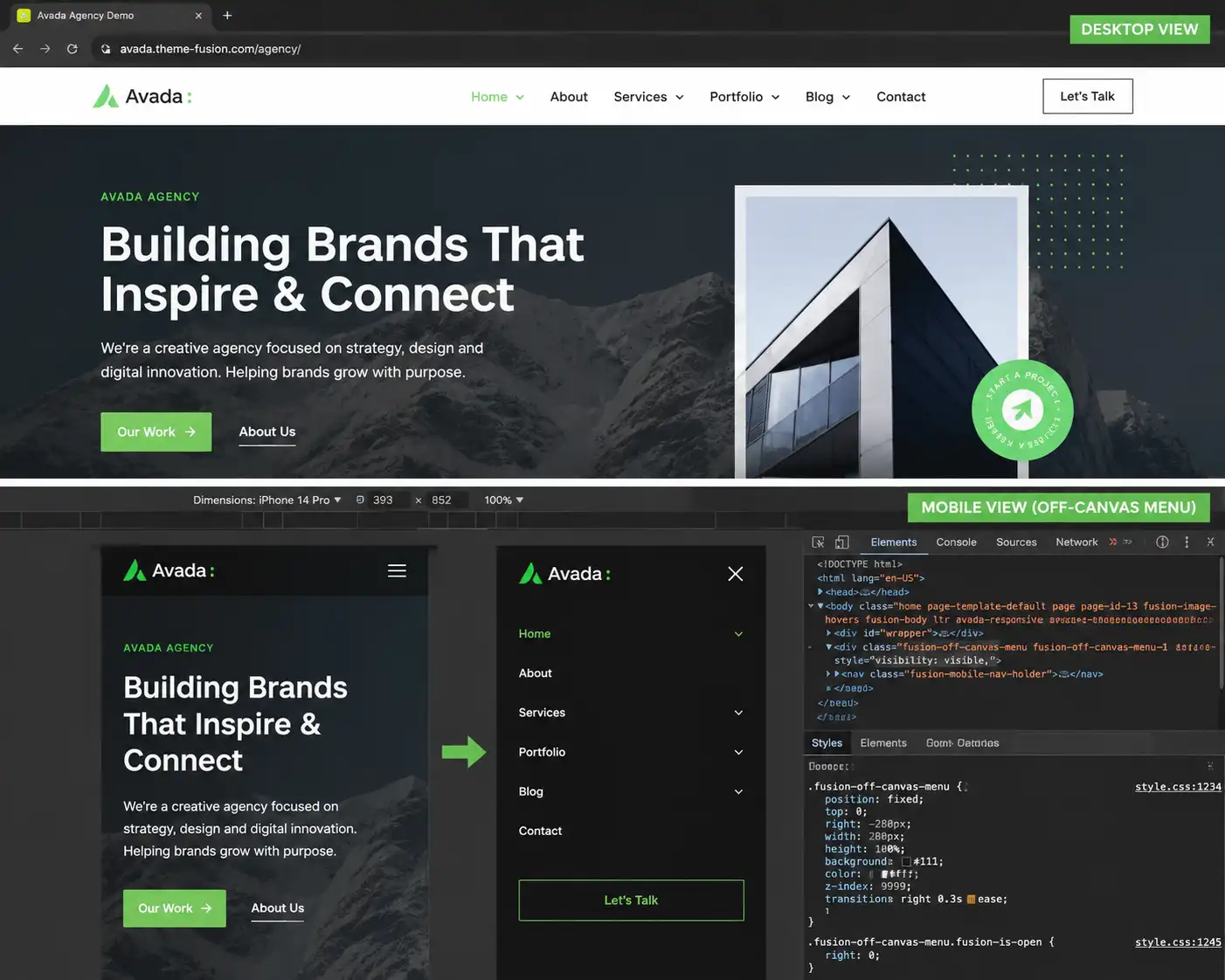 Avada theme responsive layout comparison on desktop and mobile
