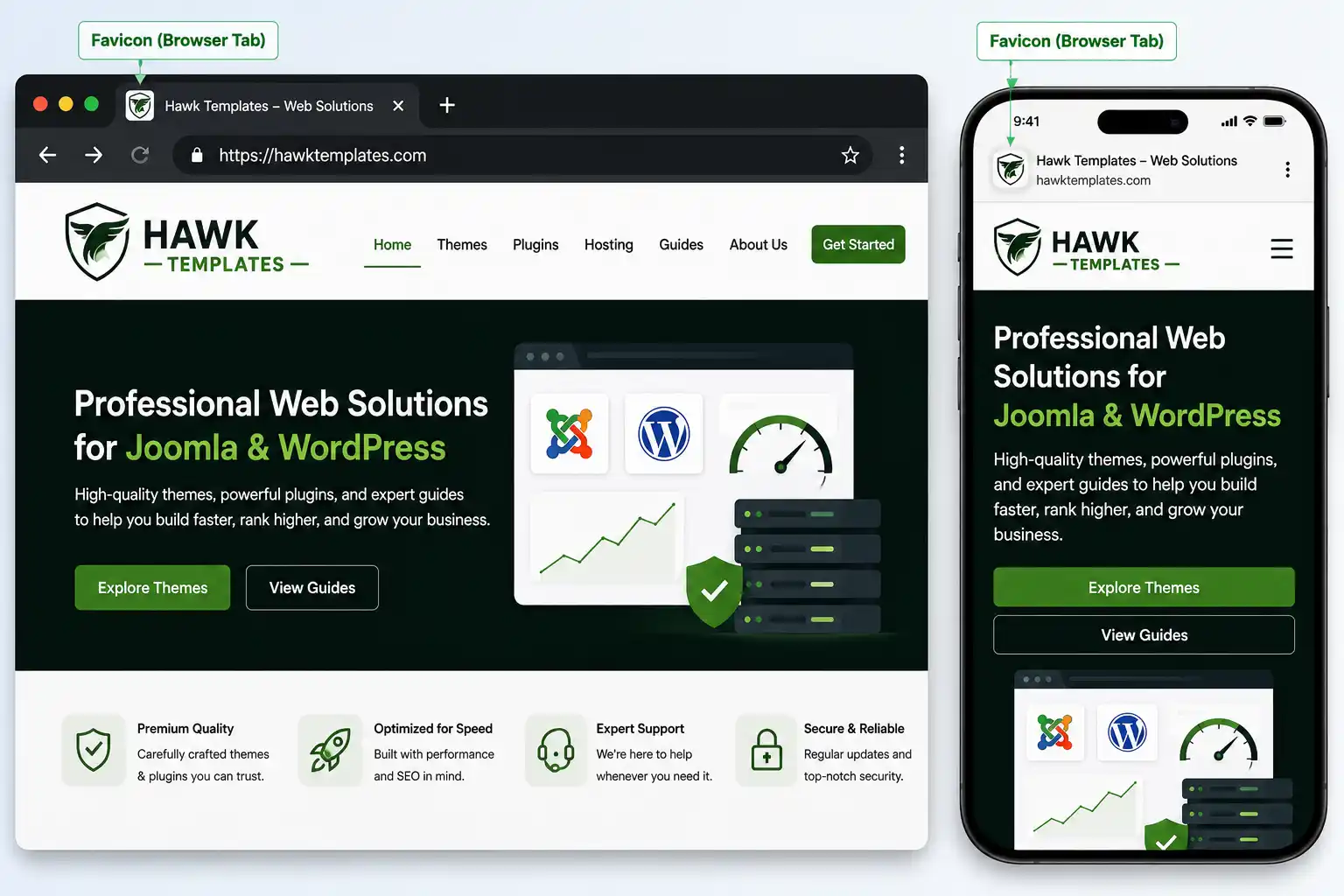 Joomla 6 site front end showing the custom logo in the header and the custom favicon in the browser tab