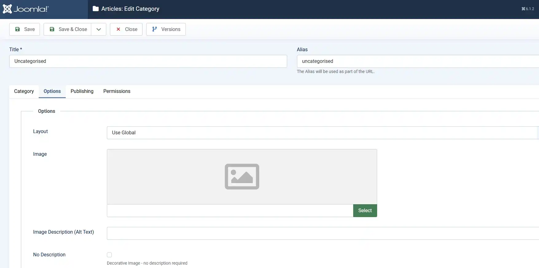 Joomla 6 category Options tab with Use Global display settings