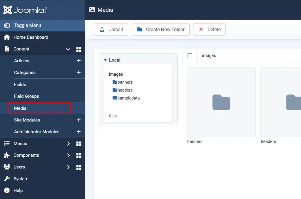 Joomla 6 admin menu with Content → Media option