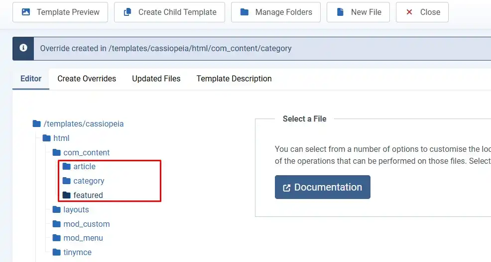 Joomla 6 Create Overrides tab with com_content expanded showing article and category view