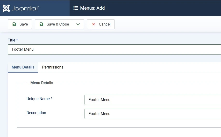 Joomla 6 Add New Menu form with Title and Menu Type fields filled in