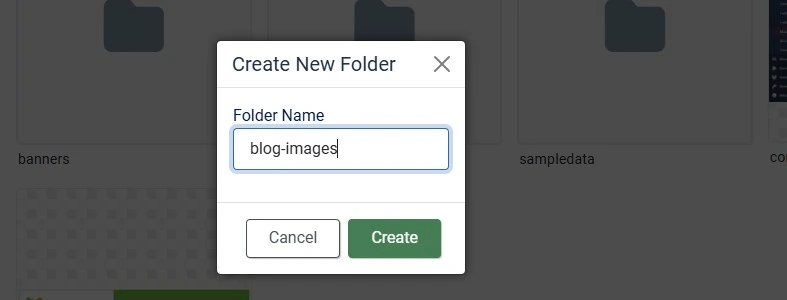 Creating a new folder in Joomla 6 Media Manager with the New Folder dialog