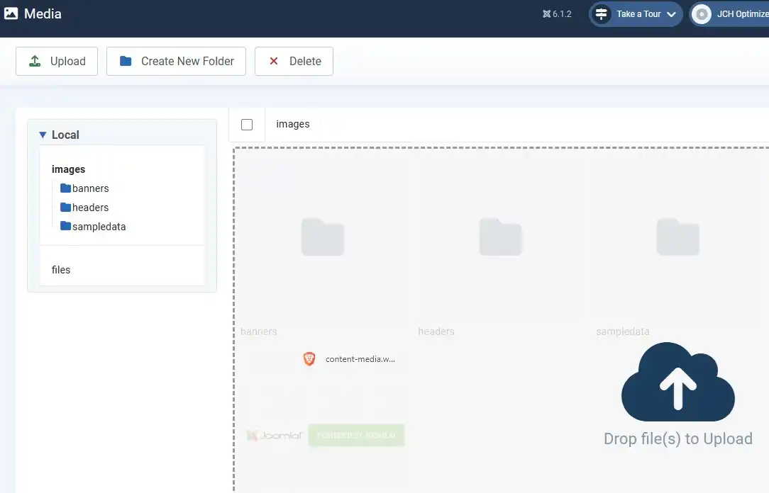 Drag and drop file upload in progress inside Joomla 6 Media Manager