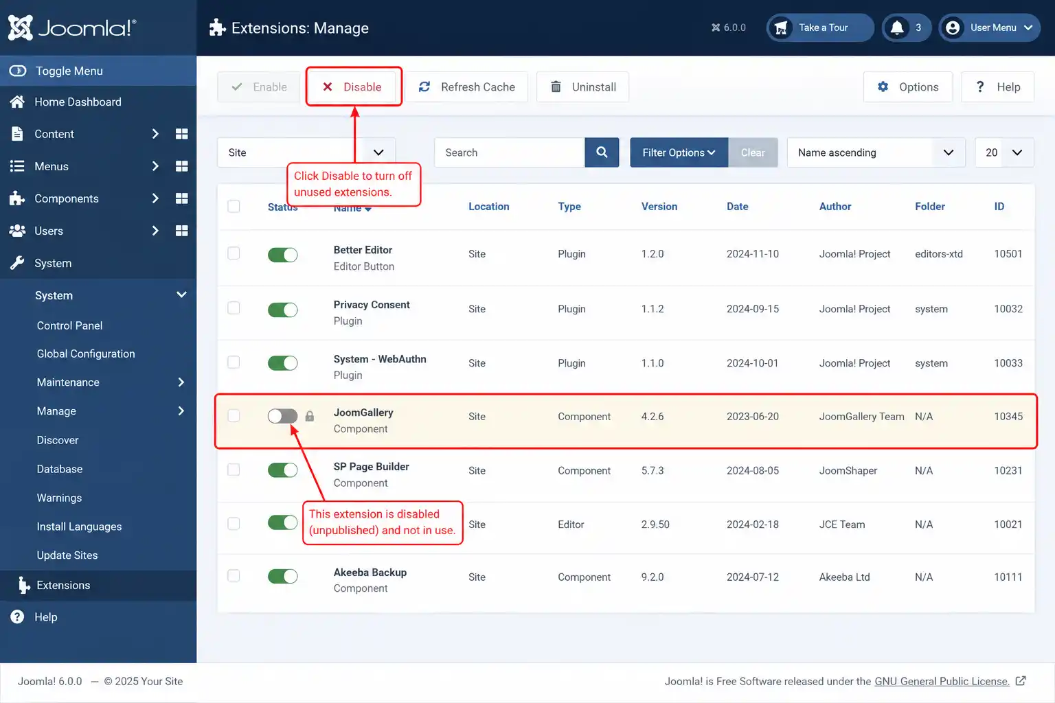 Joomla Extension Manager showing an unused module being disabled