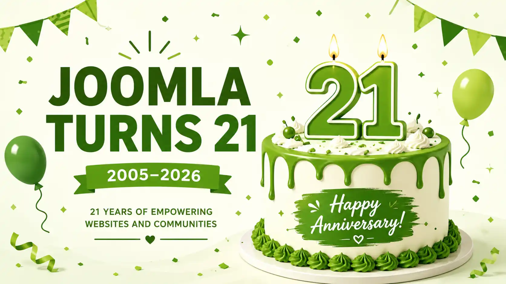 Joomla 21st anniversary banner marking 21 years since the August 2005 Mambo fork