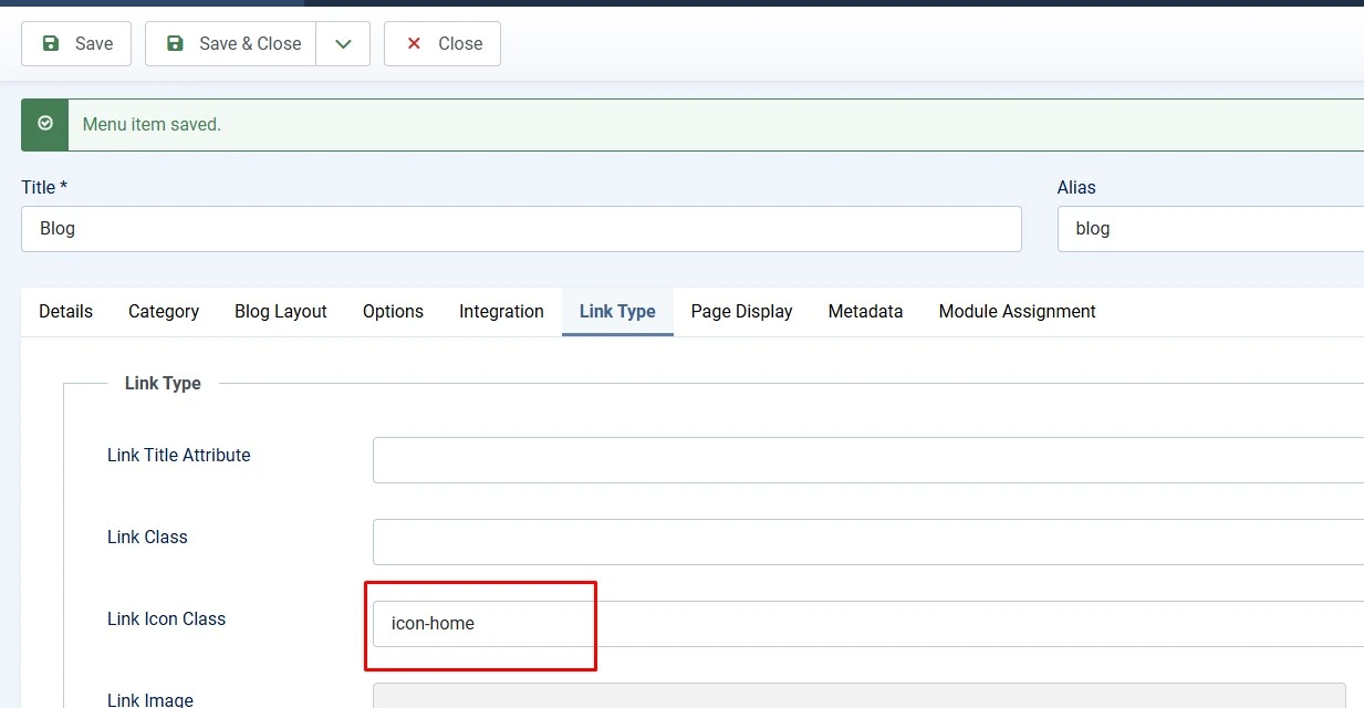 Joomla 6 menu item list with the Home star icon set on one item
