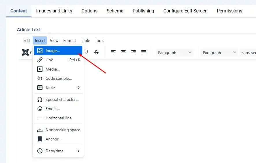 Inserting an image into a Joomla 6 article using the Insert Media dialog