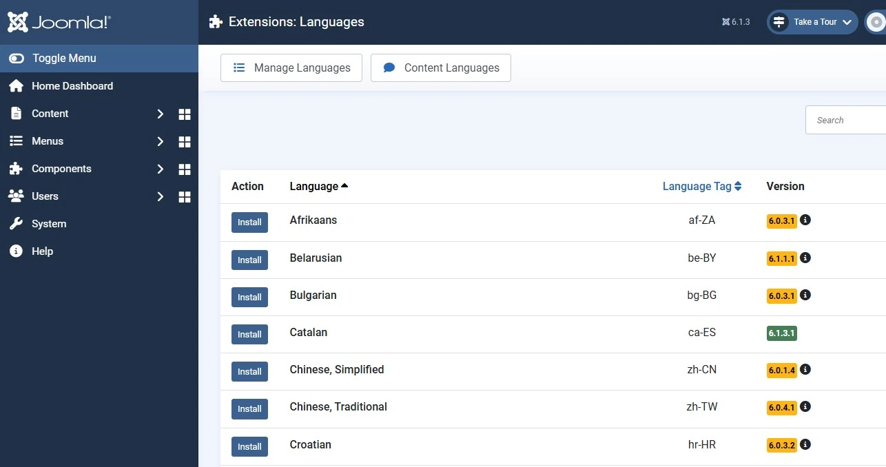 Joomla System Install Languages screen listing available language packs with install checkboxes
