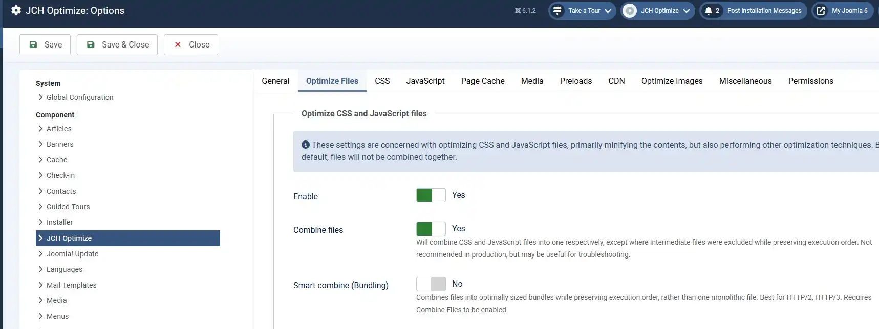 JCH Optimize component settings page with Combine Files enabled and Average preset selected