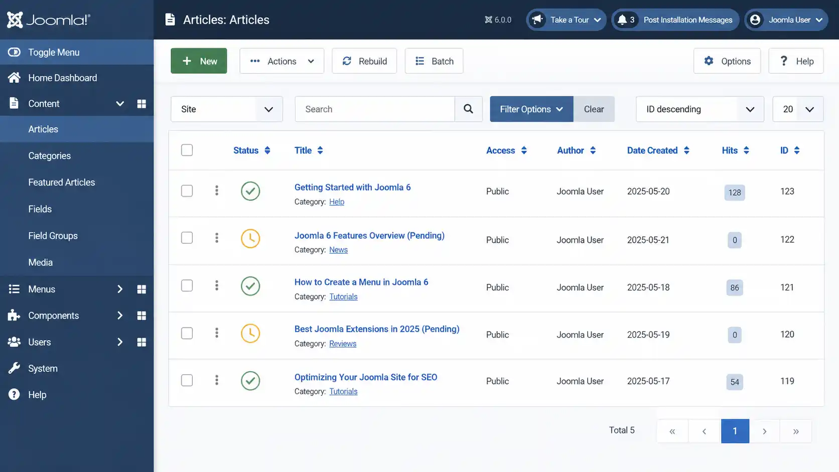 Joomla 6 Article Manager list showing published and scheduled (pending) article status icons6