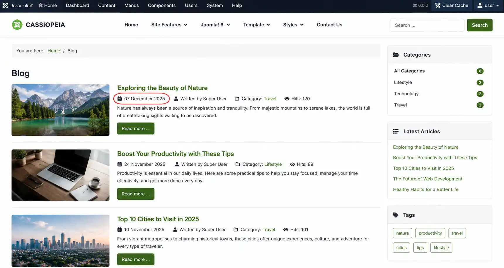 Joomla article listing page showing a formatted publish date