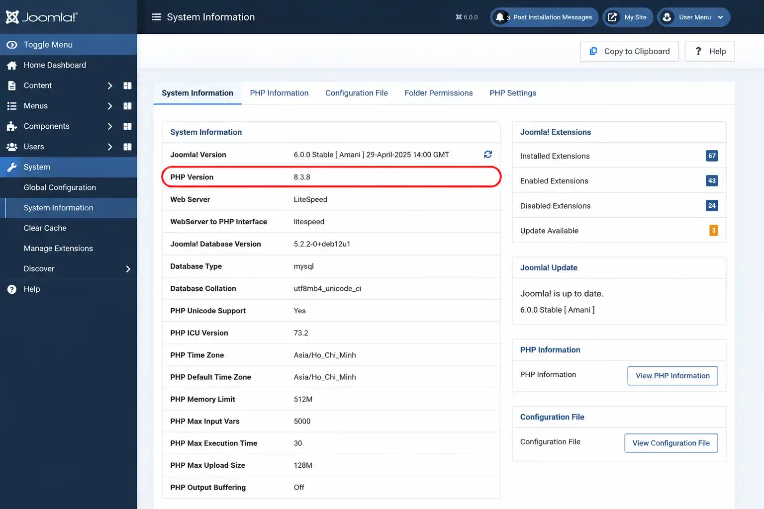 Joomla System Information page showing the current PHP version under System tab