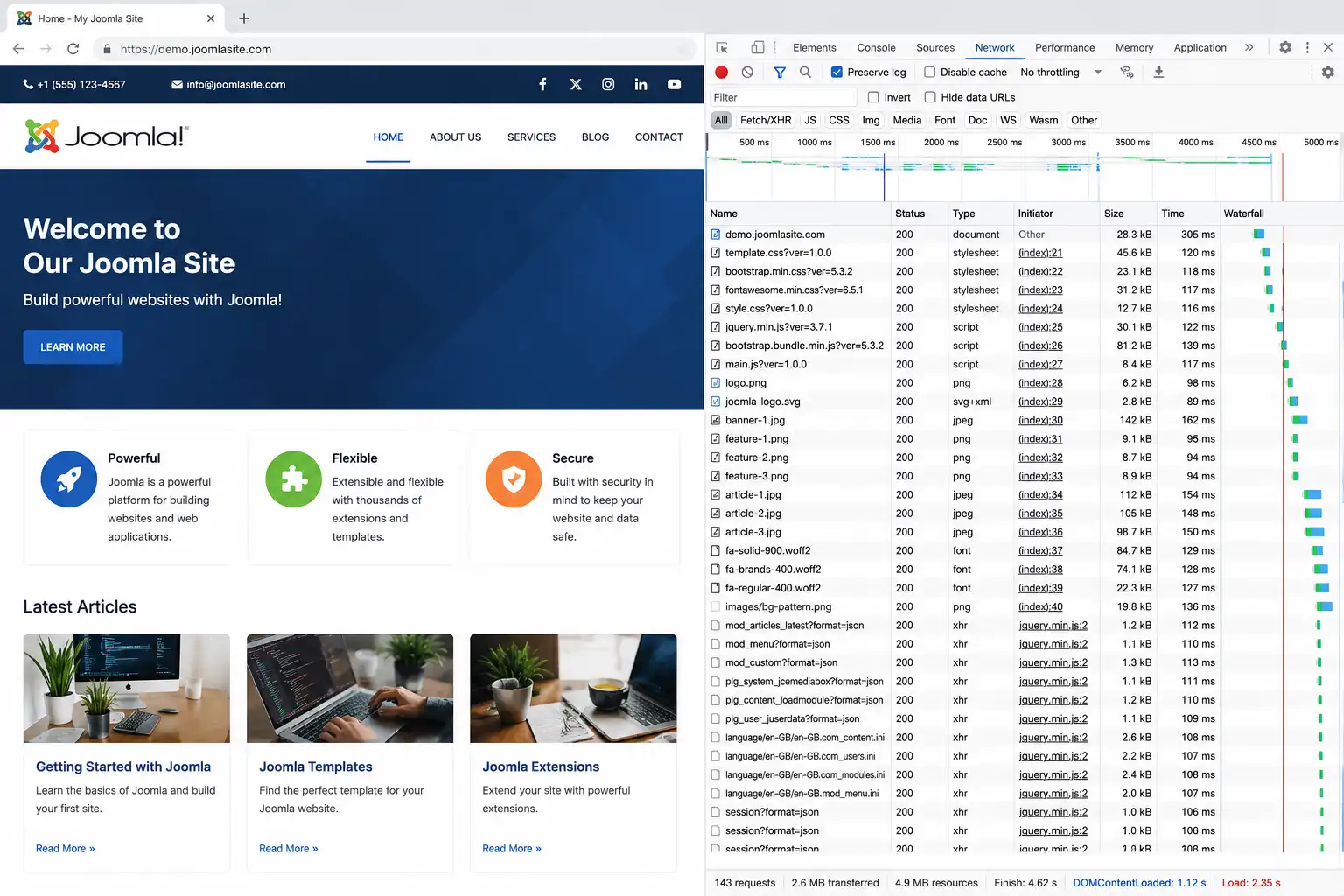 Joomla website loading with dozens of HTTP requests visible in Chrome DevTools Network panel