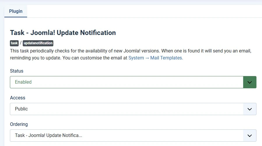 Joomla Update Notification plugin settings showing Status and Super User Emails fields