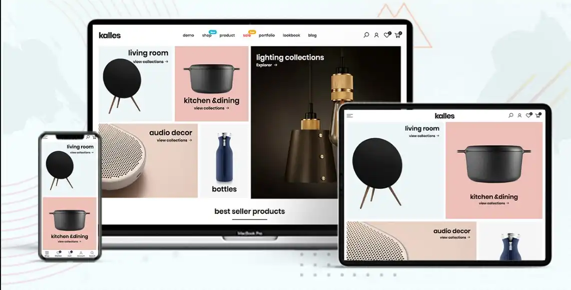 Kalles Shopify theme homepage demo showing header navigation and product grid