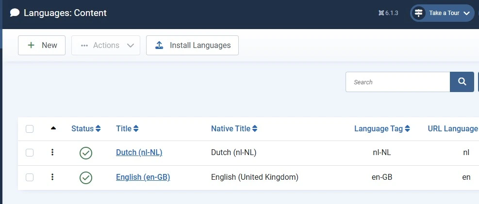 Joomla Content Languages manager showing enabled languages with status toggle and drag-to-reorder handles