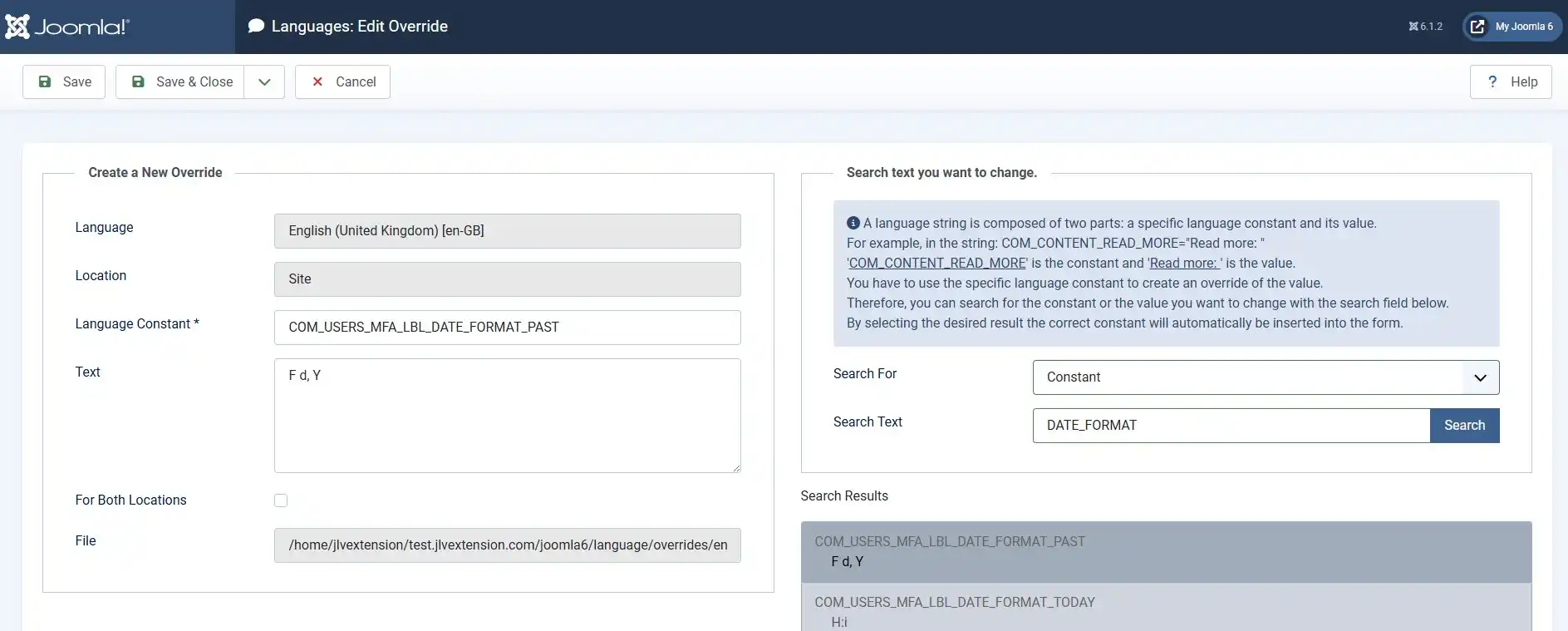 Joomla Language Overrides search results for DATE_FORMAT constants