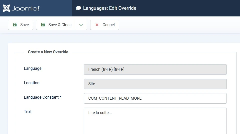 Joomla Language Overrides screen showing the form to add a new language constant override