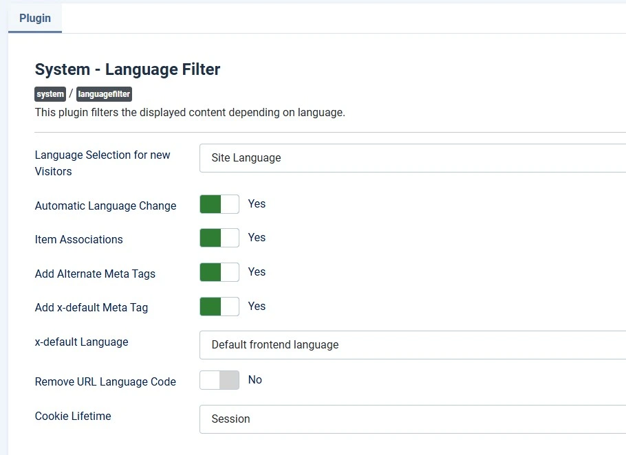 Joomla System Language Filter plugin settings with Item Associations set to Yes