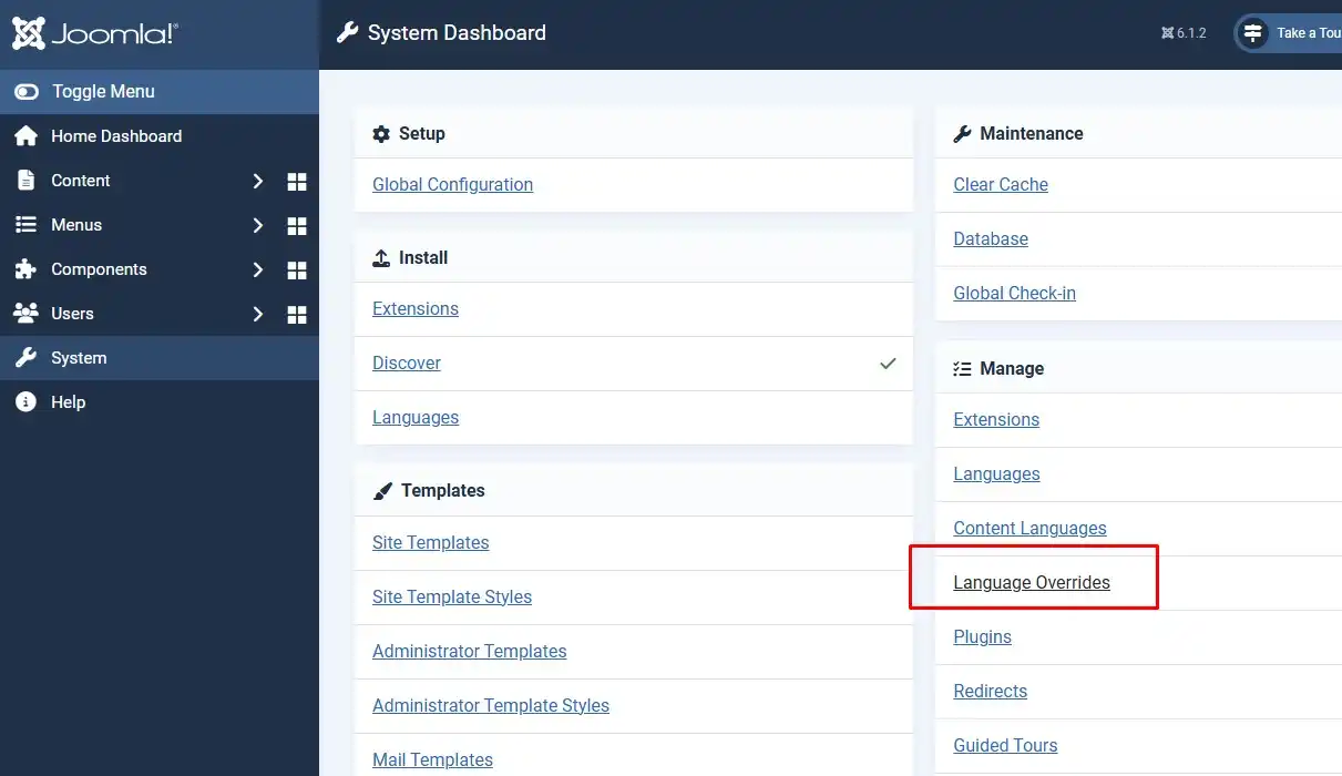 Joomla 6 System menu showing the Language Overrides option under Manage