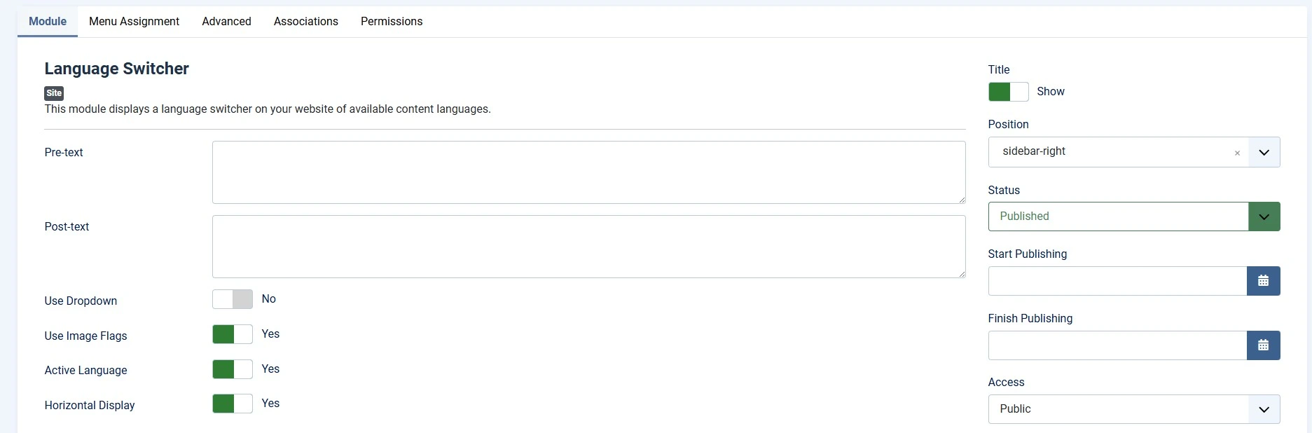 Joomla Language Switcher module settings with Language set to All and Position field visible