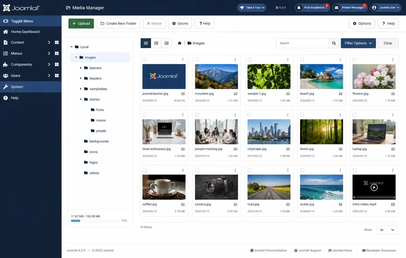 Joomla 6 Media Manager main screen showing folder tree and file thumbnails in grid view